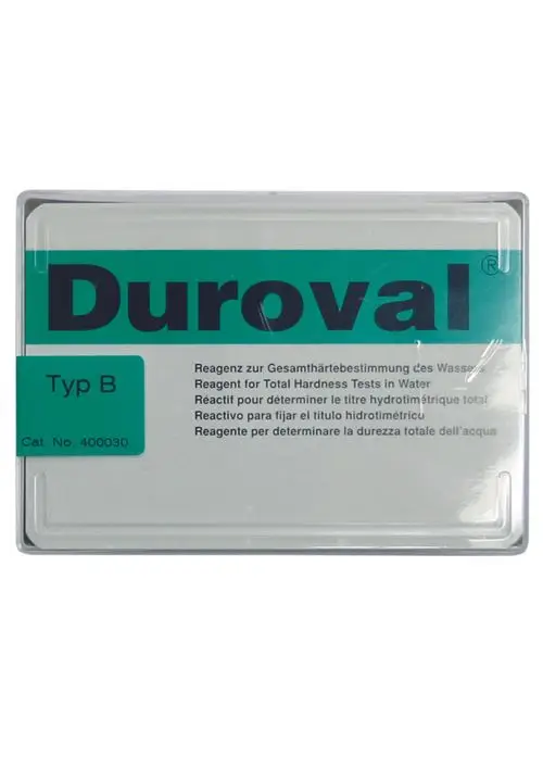 Duroval Reagenz für die Bestimmung der Gesamthärte von Wasser, erhältlich in einer transparenten Verpackung mit mehrsprachiger Beschriftung. Marke Judo.
